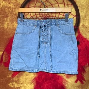 FOREVER 21-woman’s light blue cotton denim drawstring-fly mini jean skirt